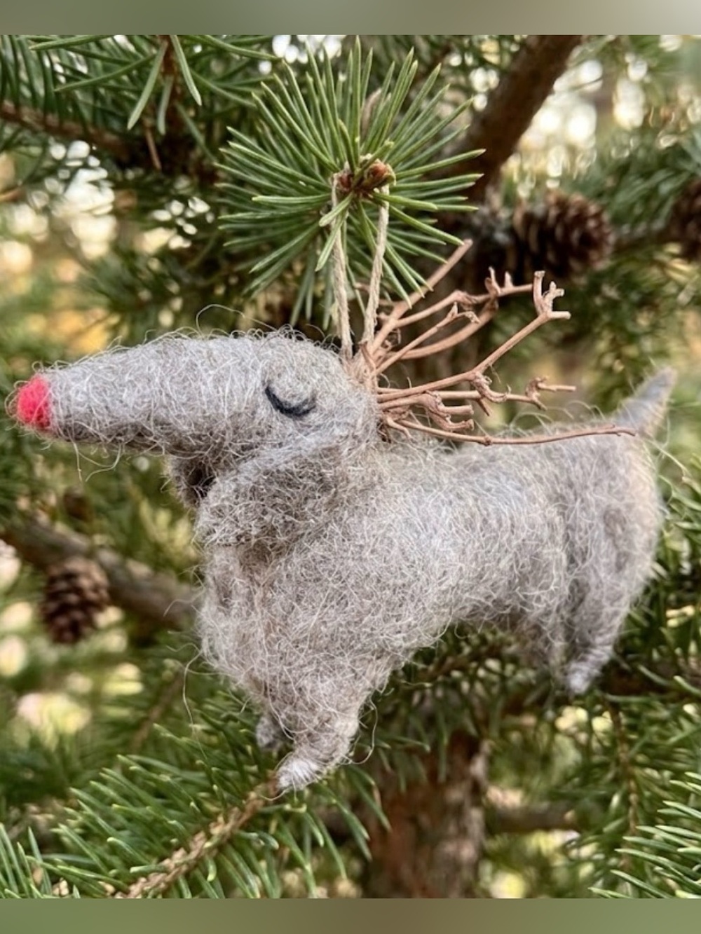Handcrafted Needle Felted Dachshund Reindeer Ornament with Red Nose